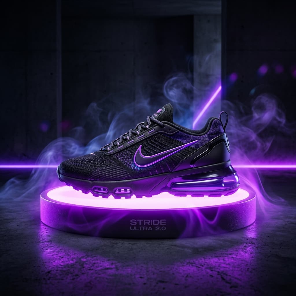 AI sneaker product mockup photography example generated using Leonardo AI free tier