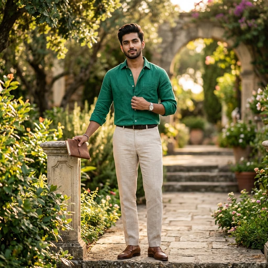 AI fashion model photoshoot green linen shirt