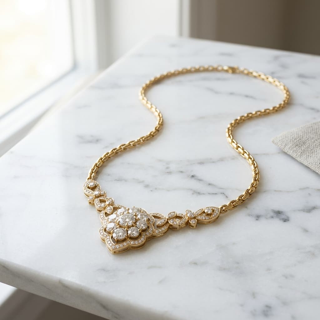 AI jewelry product photography necklace on marble